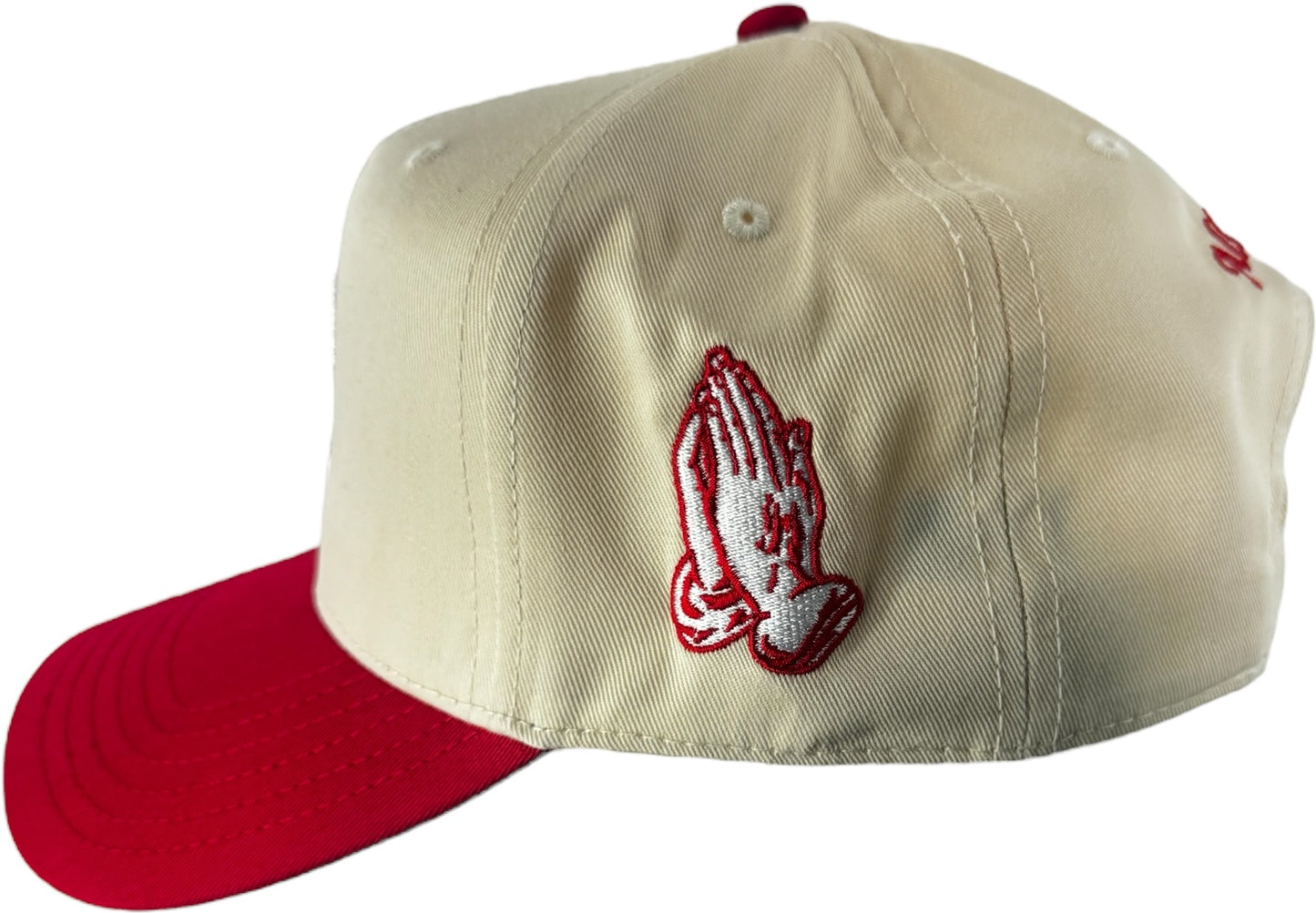 5 Panel Mid Profile Baseball Cap natural cream and red color