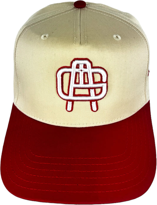 5 Panel Mid Profile Baseball Cap natural cream and red color